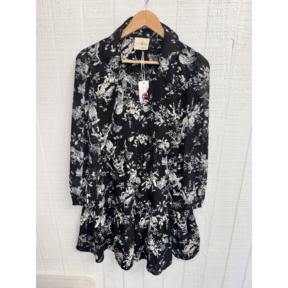 Umgee Mini Dress Womens Black Floral Tiered Long Sleeve Collared Small